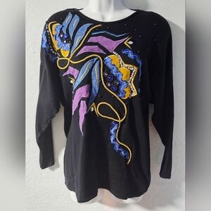 Vintage 80s Malain 3/4-sleeve Black Graphic Top - Medium